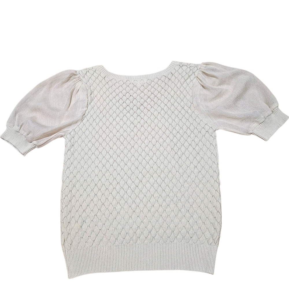 Womens Diamond Pattern Blouse Sheer Puff Sleeve Top Ivory M Preppy Coquette - Picture 4 of 12